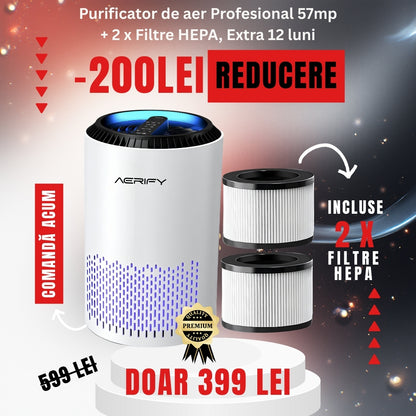 PACHET PROMOTIONAL! Purificator de aer AERIFY + 2 x Filtre HEPA 4 in 1 Carbon activ, sterilizare UV, Super silențios, Touch Screen, A+++🌳