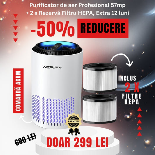 PACHET PROMOTIONAL! Purificator de aer AERIFY + 2 x Filtre HEPA 4 in 1 Carbon activ, sterilizare UV, Super silențios, Touch Screen, A+++🌳