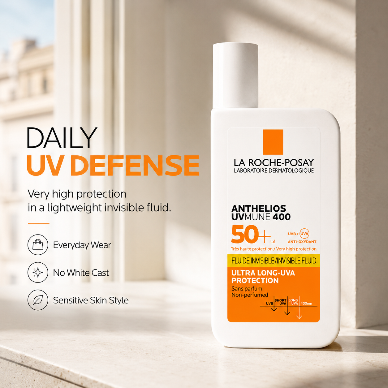 Protecție Solară SPF50+, Creamă invizibilă, Rezistentă la apă, 50ml