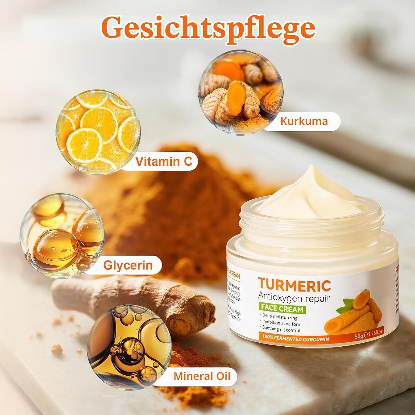 Crema de față cu Turmeric și vitamina C, cremă hidratantă pentru acnee, pete, anti-rid, zi și noapte, fermitate și netezire, uniformizează nuanța tenului — 50g