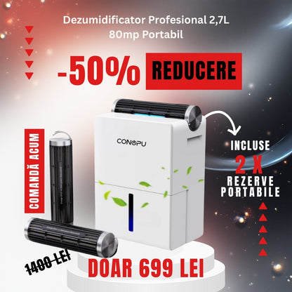 Dezumidificator Profesional CONOPU 3 in 1, Portabil, Detasabil, 800mL/zi, uscare+mod de repaus,casa,subsol, birou, 80m², 180m³/h