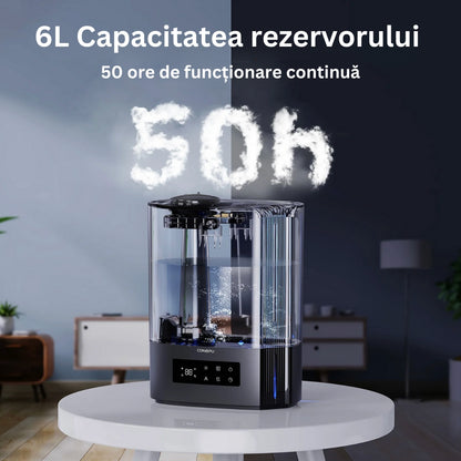 Umidificator Ultrasonic Profesional CONOPU® 6L Dormitor, Camere Mari, Difuzor de Arome, Bebeluși, 60 ore, Control Inteligent al Umidității, UltraSilențios